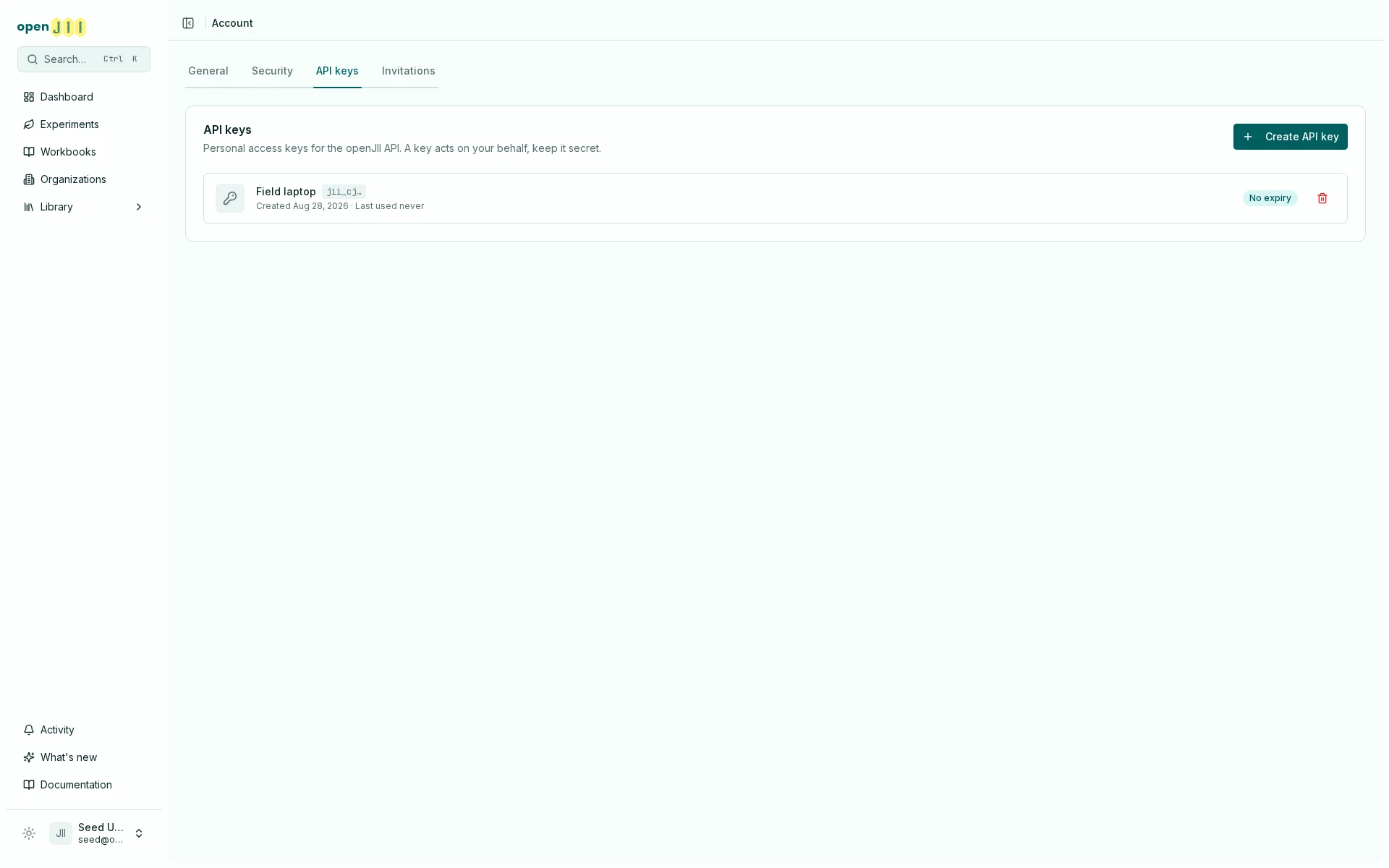 The API keys tab listing an active key by name, with only its prefix shown.