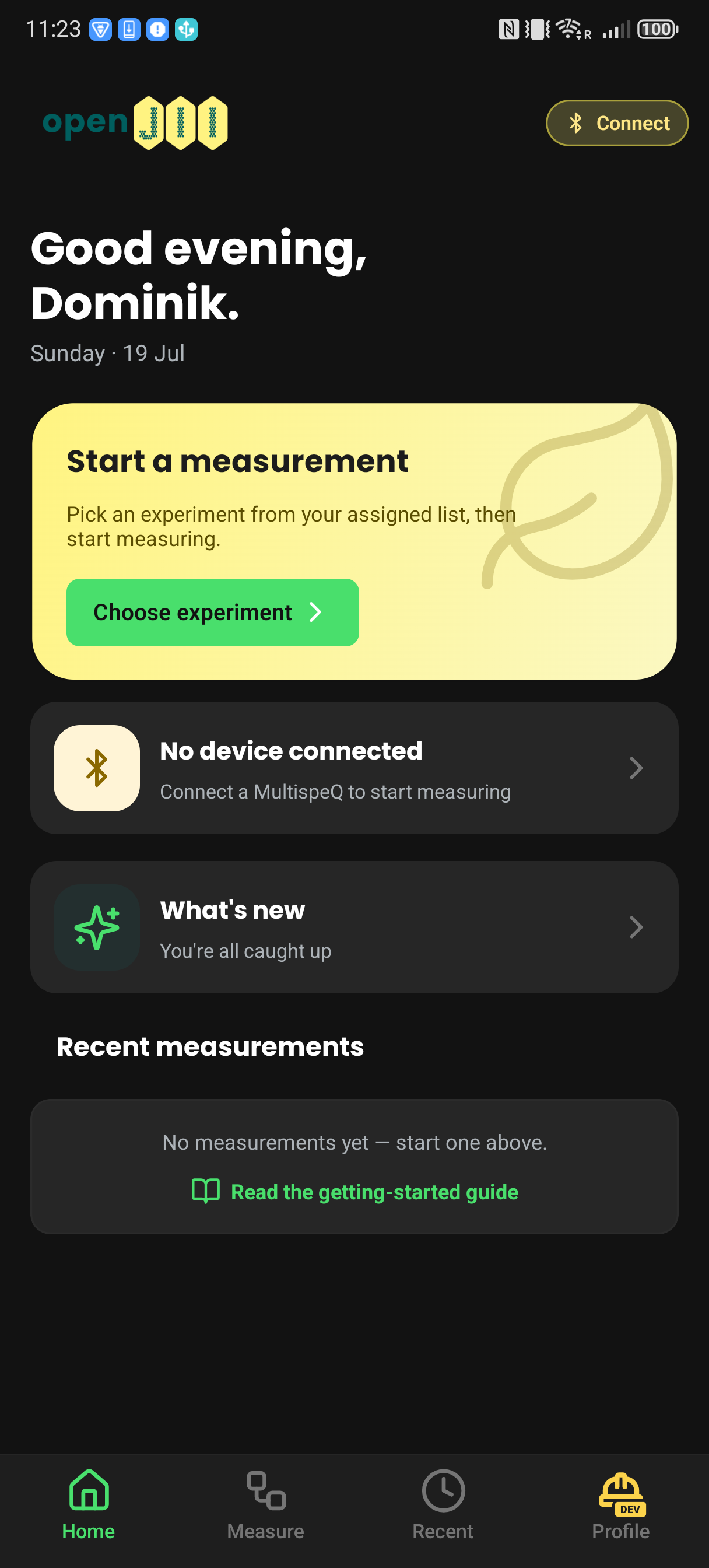 The openJII Android home screen, signed into the dev testing environment