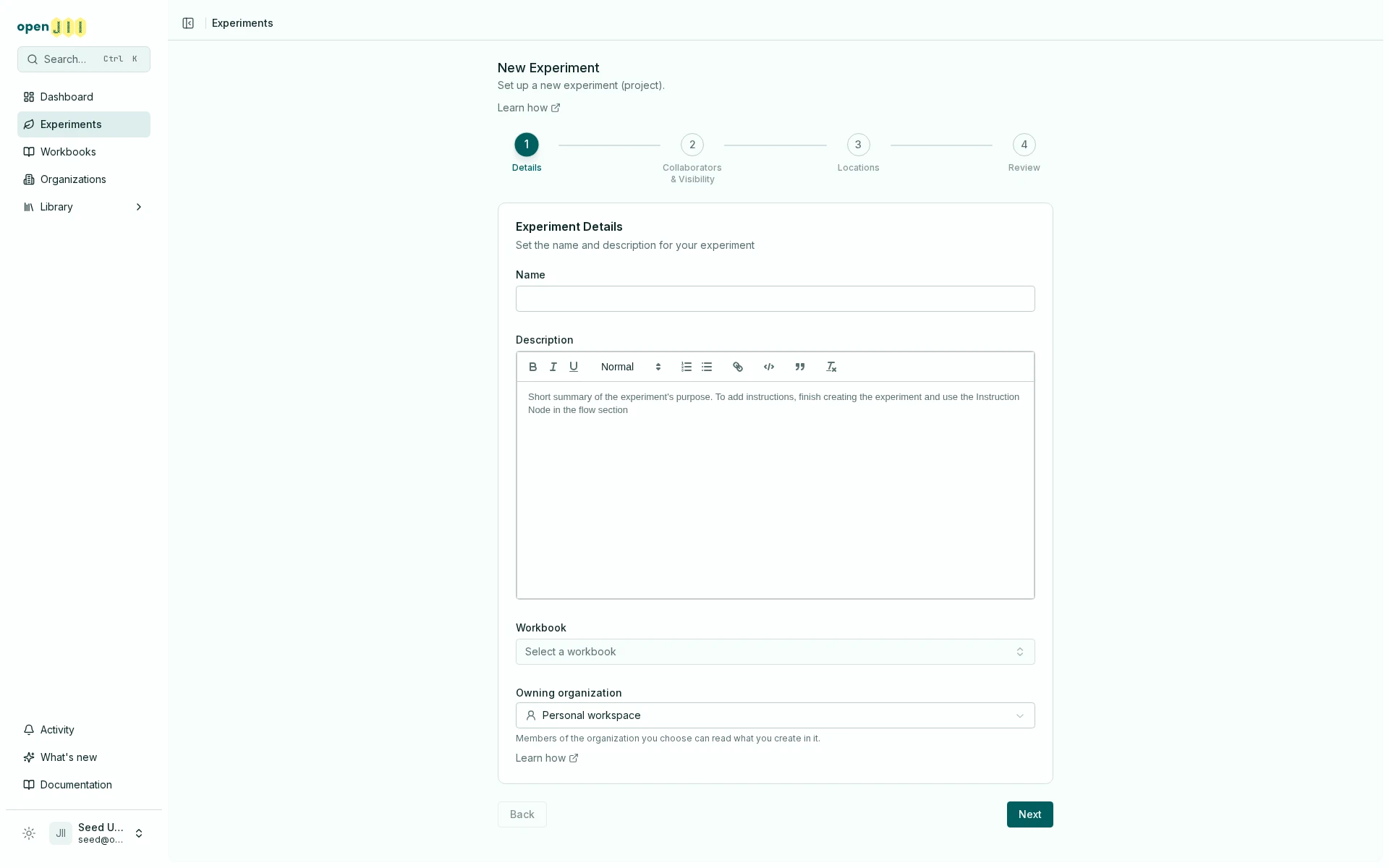 The Details step in the four-step create-experiment wizard
