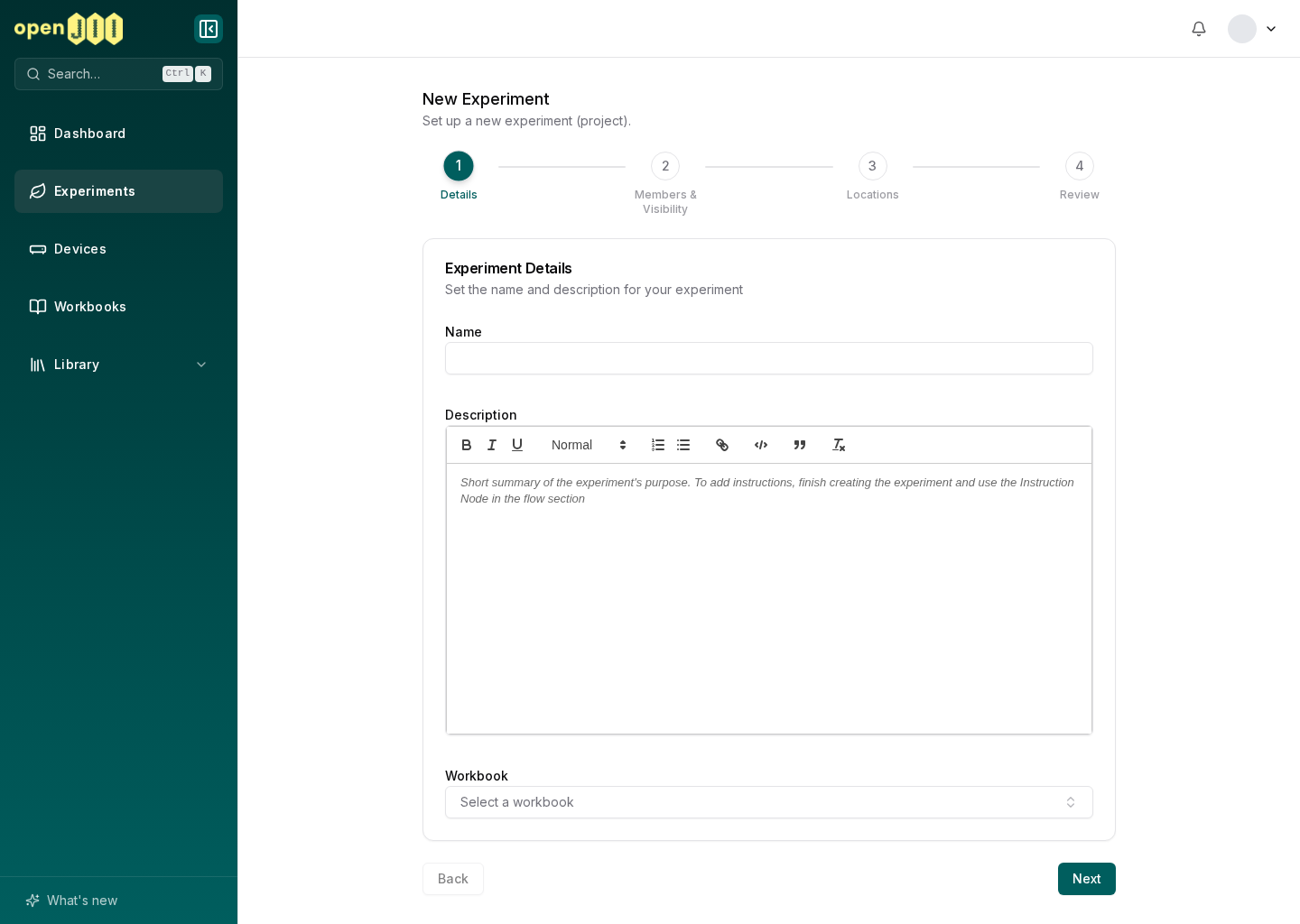 The Details step in the four-step create-experiment wizard