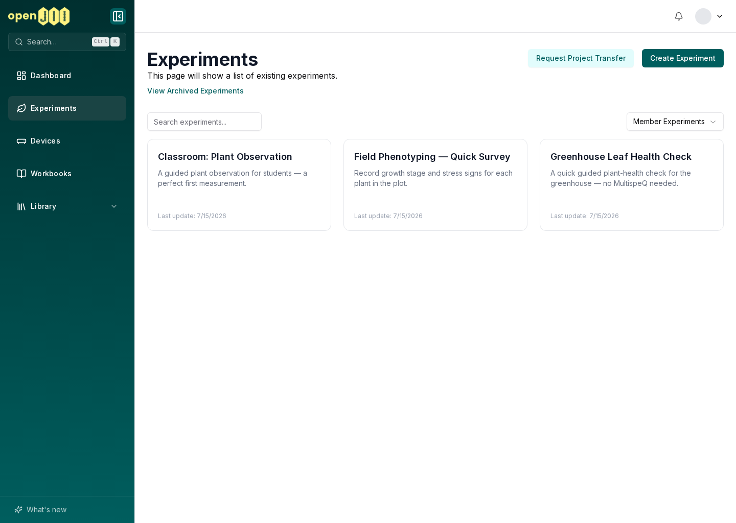 The experiments list with the Create Experiment button