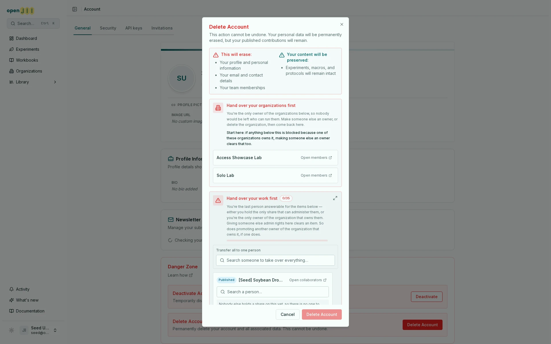 The Delete Account dialog blocked twice over: an organization the account is the sole owner of, and an experiment it is the last person answerable for, with Delete Account greyed out