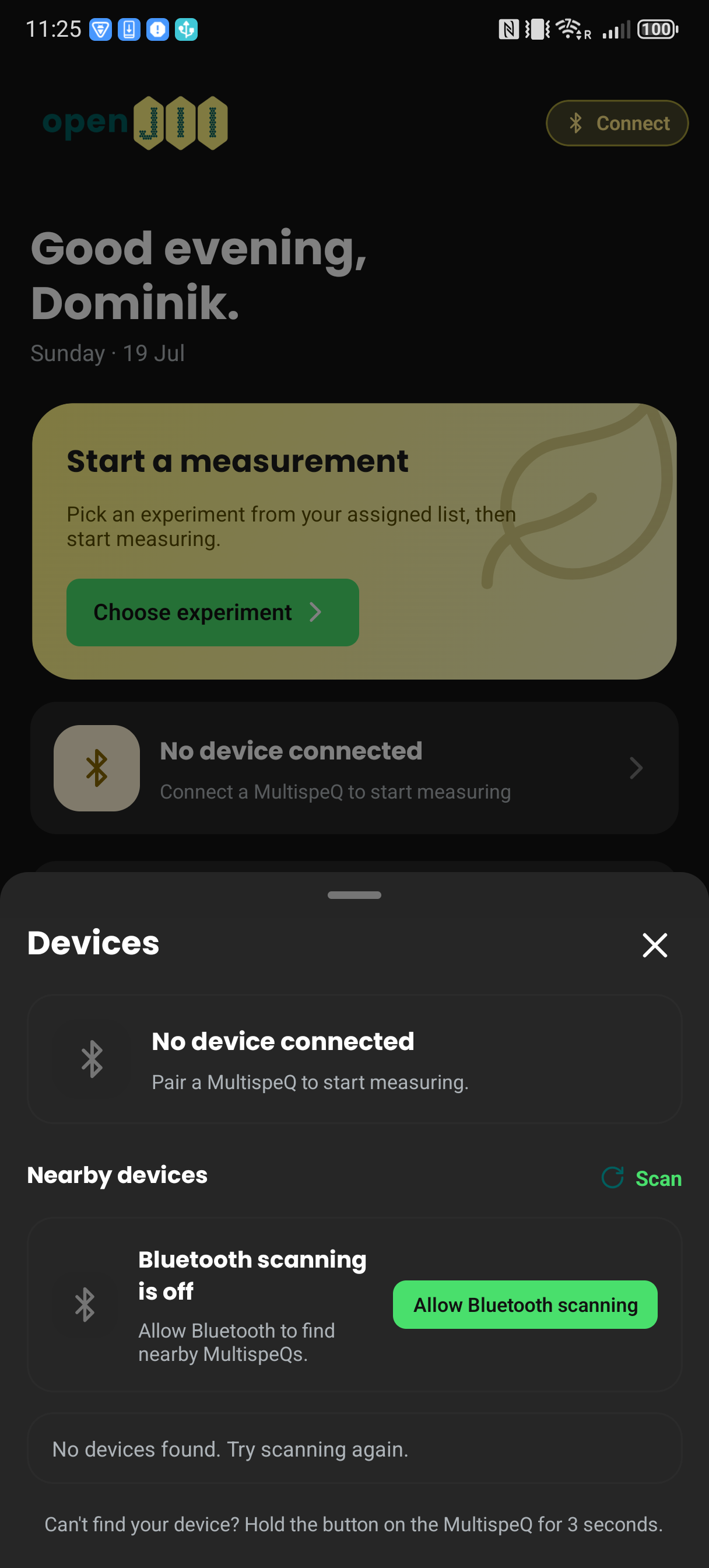 The Devices sheet before a MultispeQ is connected