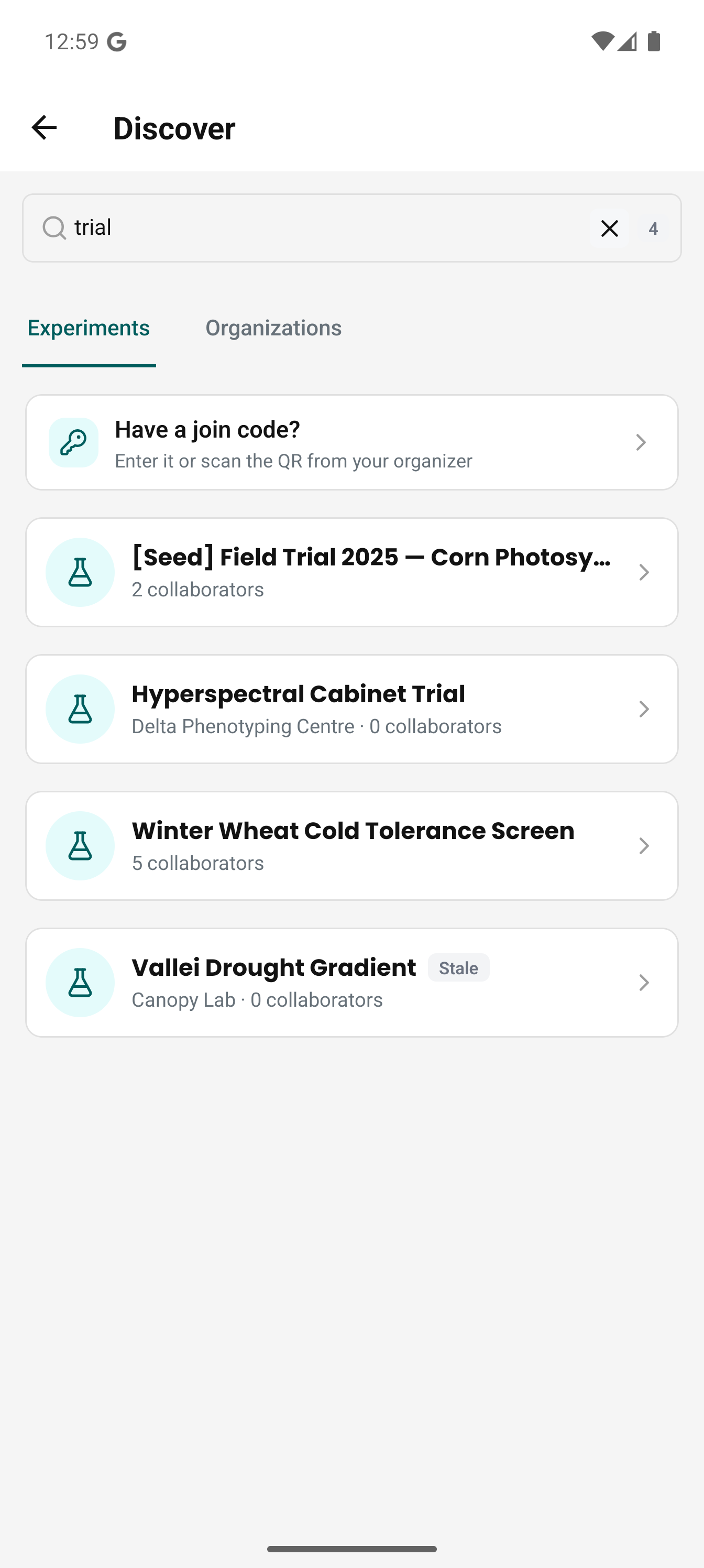 The Discover screen in the Android app, on the Experiments tab