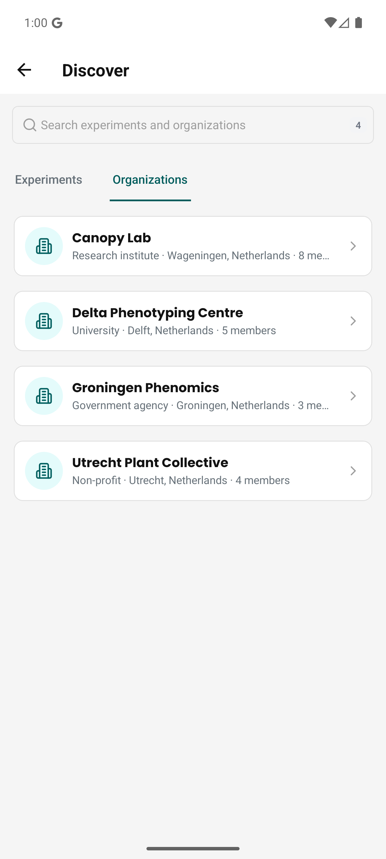 The Discover screen in the Android app, on the Organizations tab
