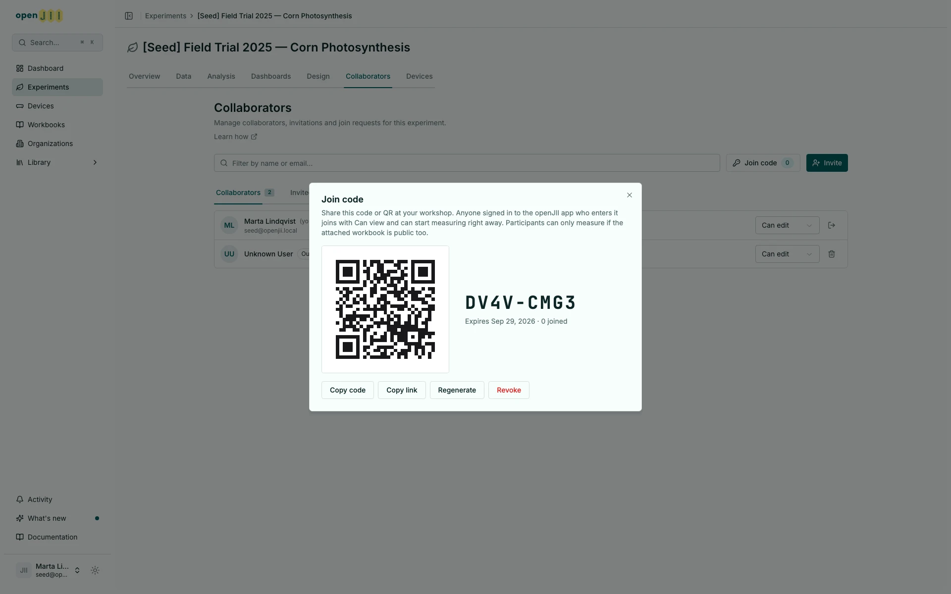 The join code window with its code, QR and redemption counter