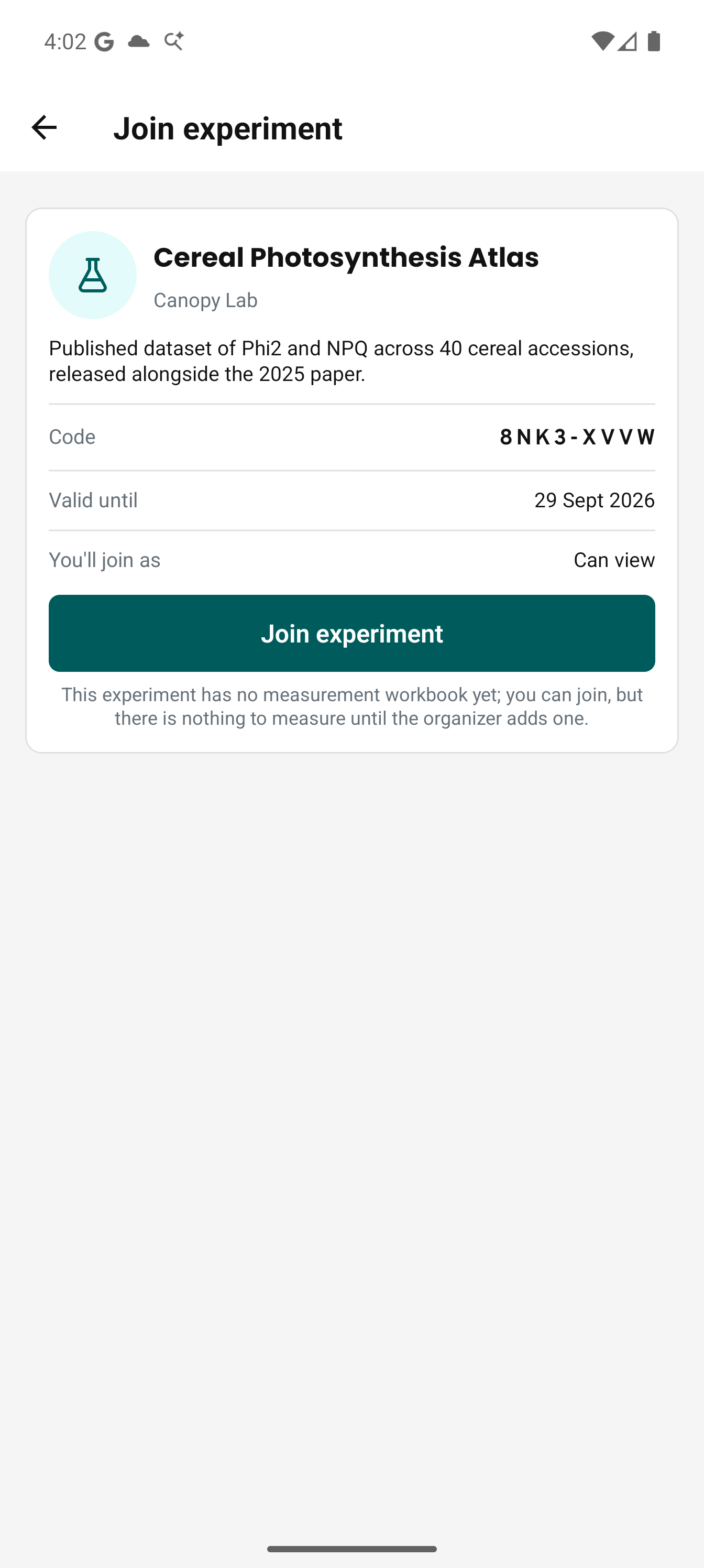 The join preview naming the experiment, its organization and what Can view allows