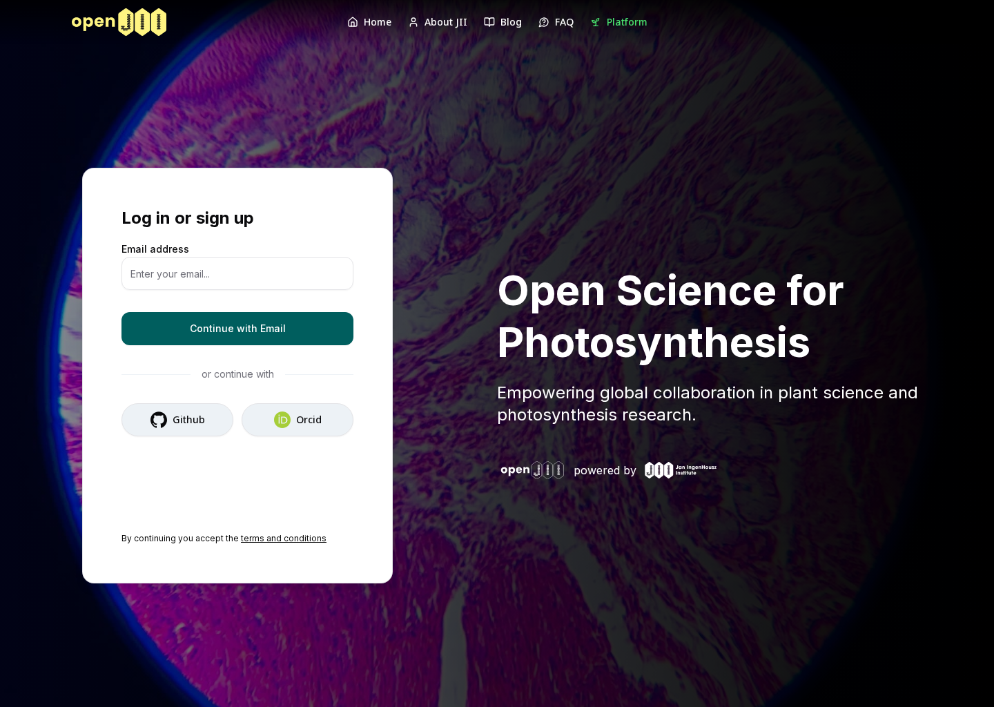 The openJII Log in or sign up screen with an email field and GitHub and ORCID options.