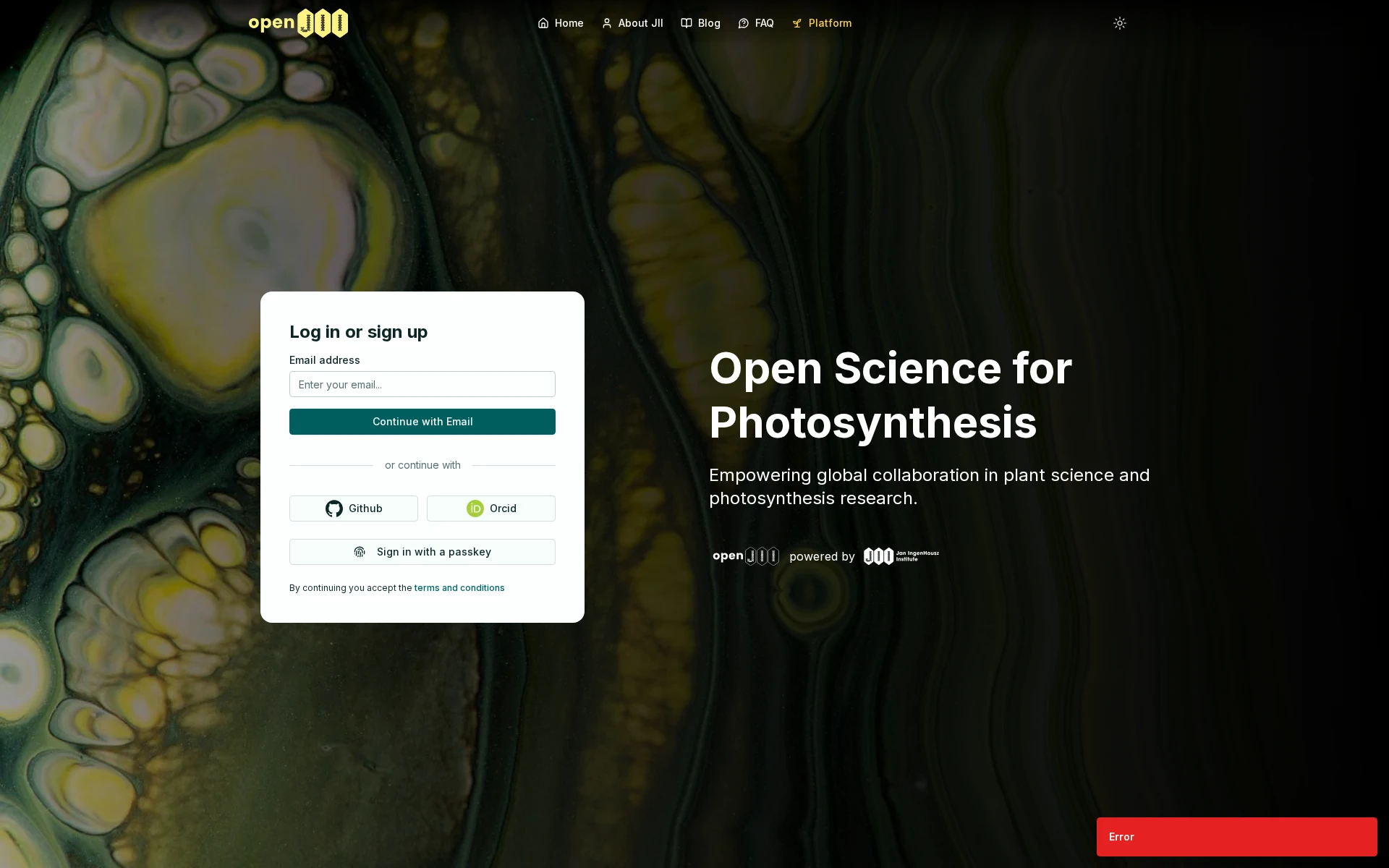 The openJII Log in or sign up screen with an email field, GitHub and ORCID buttons, and a passkey sign-in option.