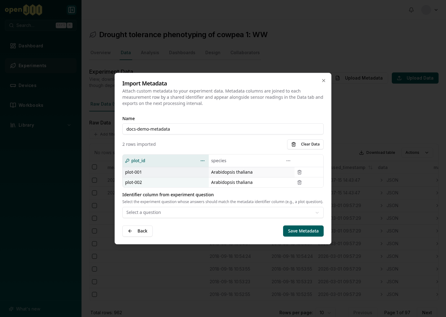 The Import Metadata dialog previewing a synthetic table with plot_id selected as the identifier