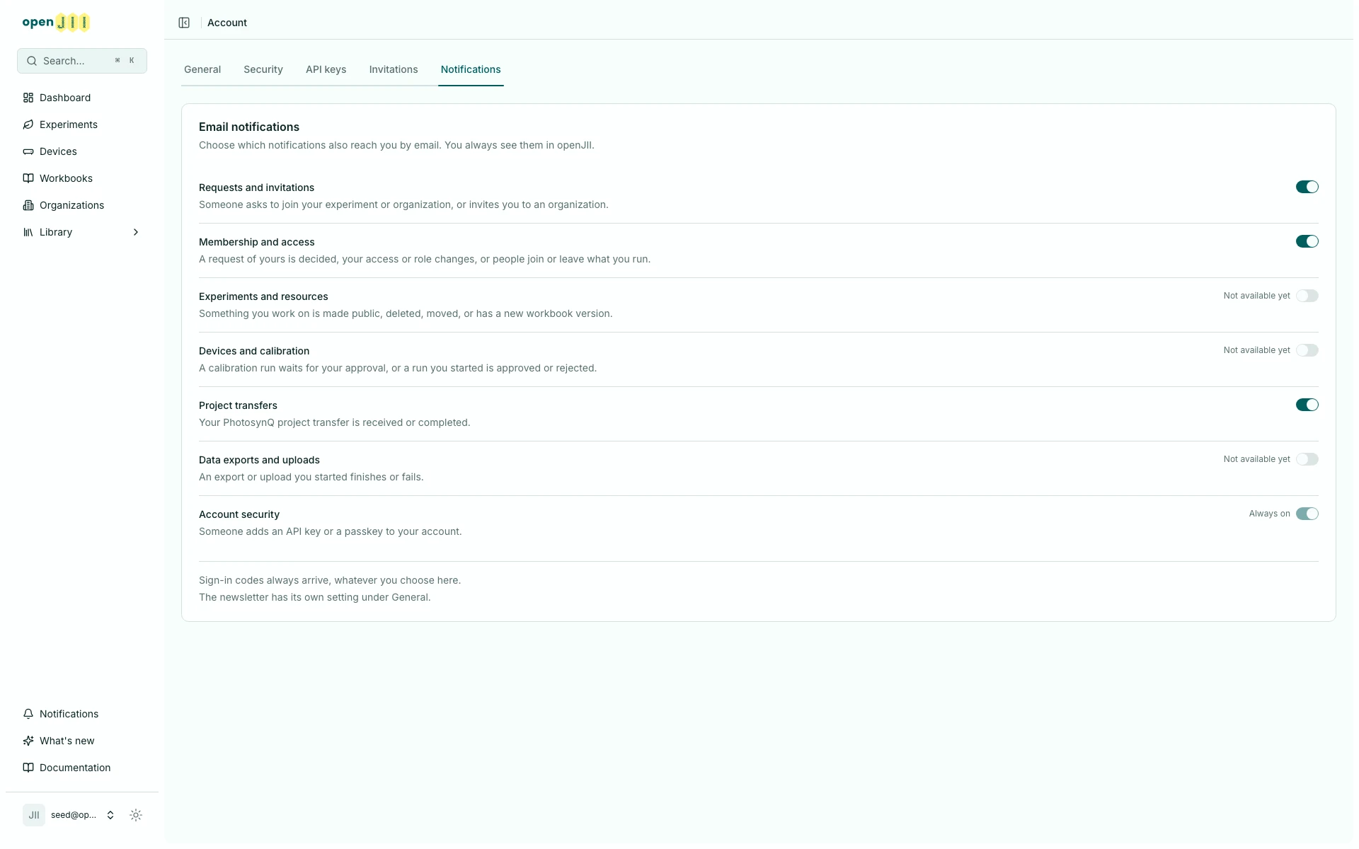 The Notifications tab in account settings, with one email switch per category