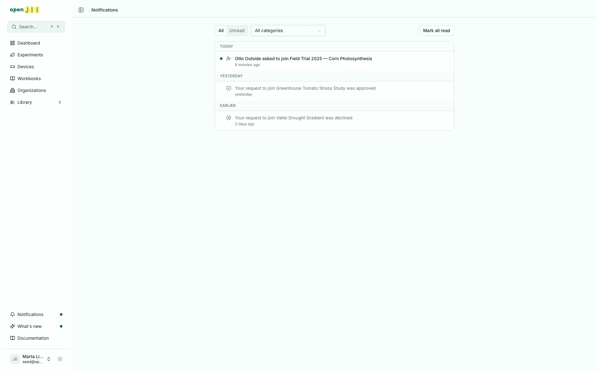 The notifications page with day groups, the All and Unread tabs and the category filter