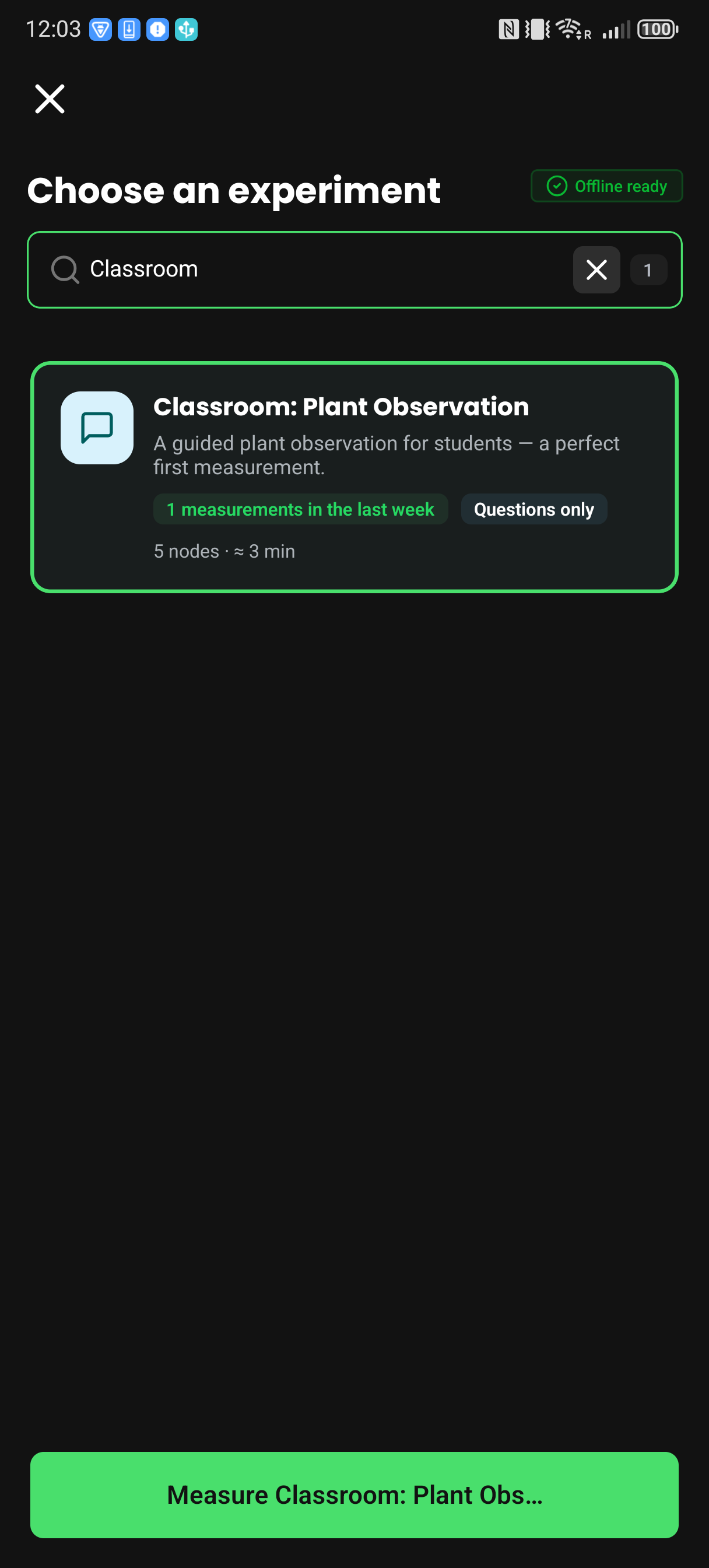 An experiment selected with the Offline ready badge