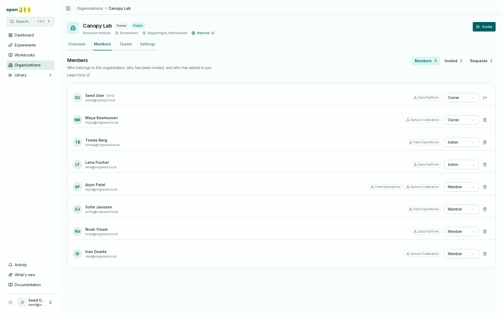 The Members screen of an organization, with the Members, Invited and Requests segments each showing a count, above a roster listing every member with their role and team badges