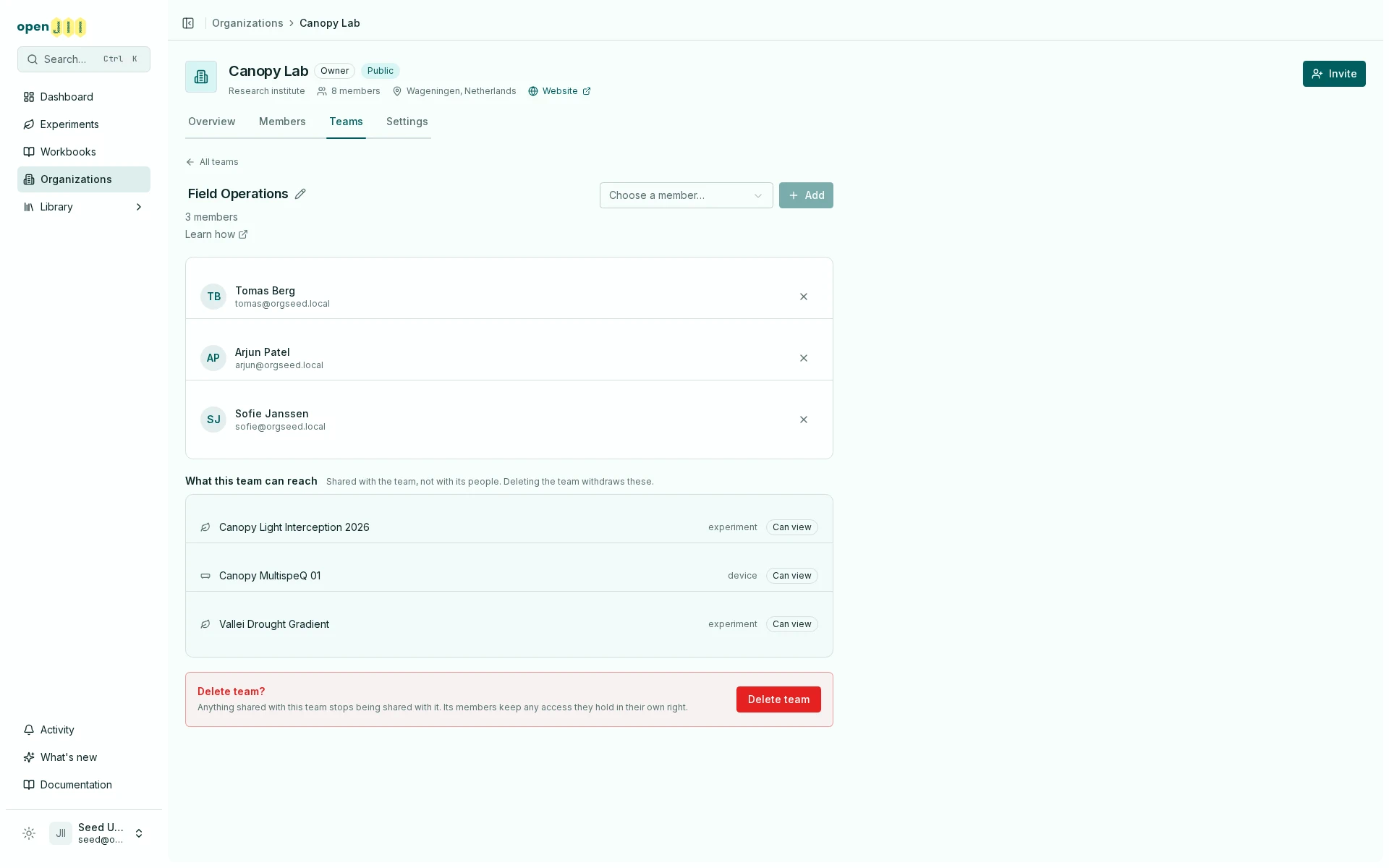 A team's page showing its members above a What this team can reach list, naming the experiments and the device shared with the team, each at Can view