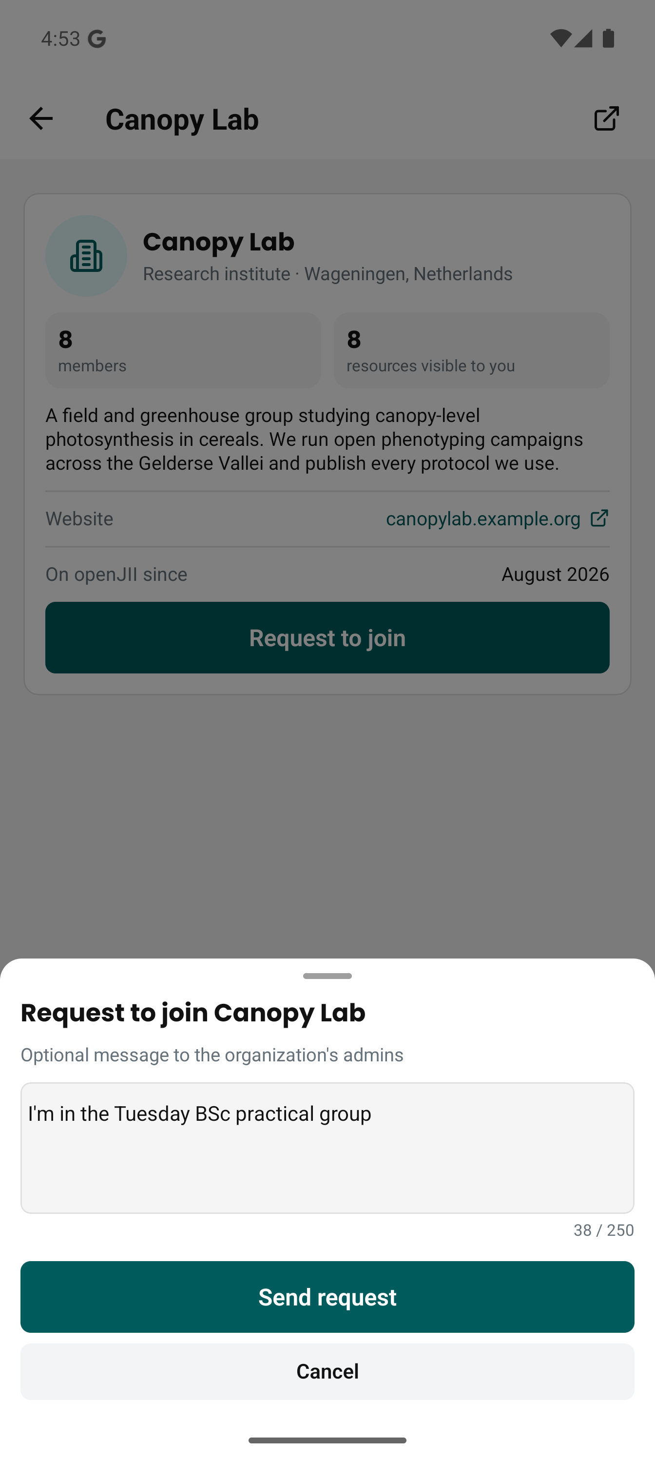 The Request to join sheet with an optional message and its character counter