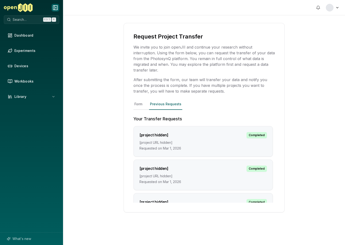 Previous project-transfer requests with source identifiers and URLs hidden