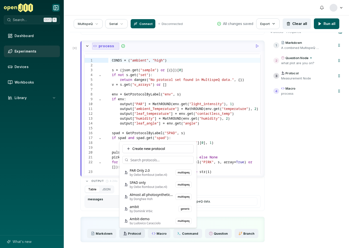 The searchable protocol picker with protocol names, creators, and sensor-family badges