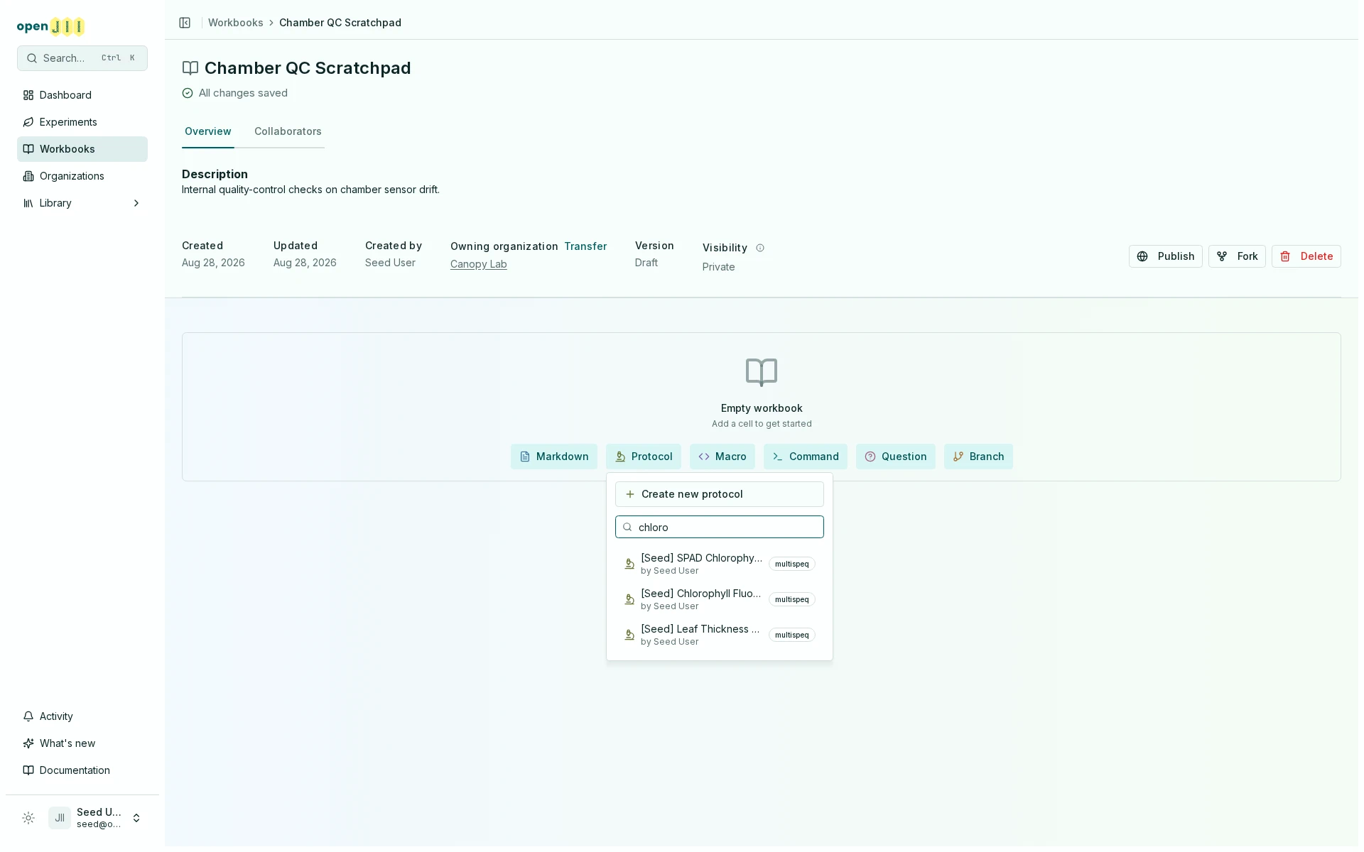 The searchable protocol picker with protocol names, creators, and sensor-family badges