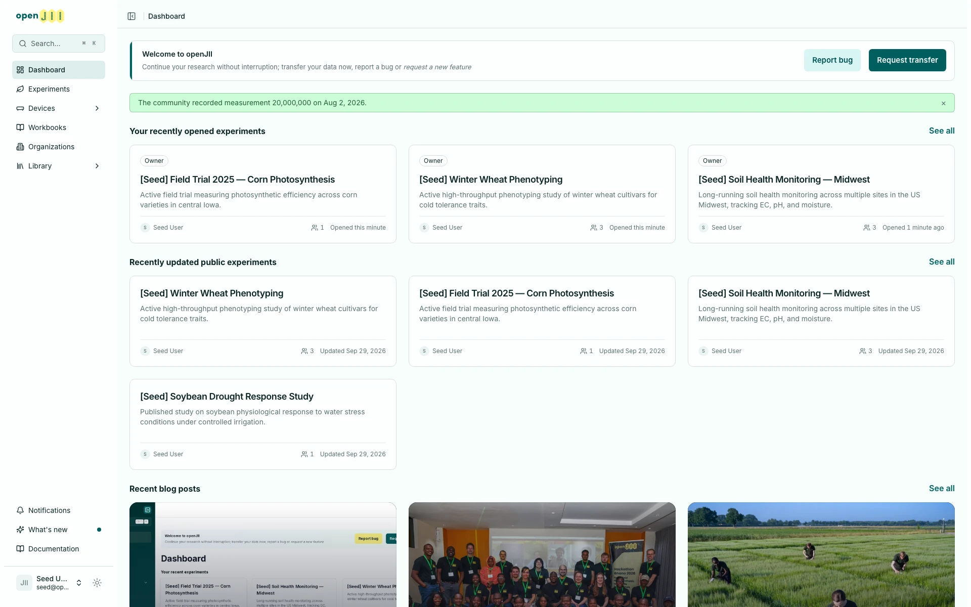 The Report bug action in the welcome card at the top of the openJII dashboard
