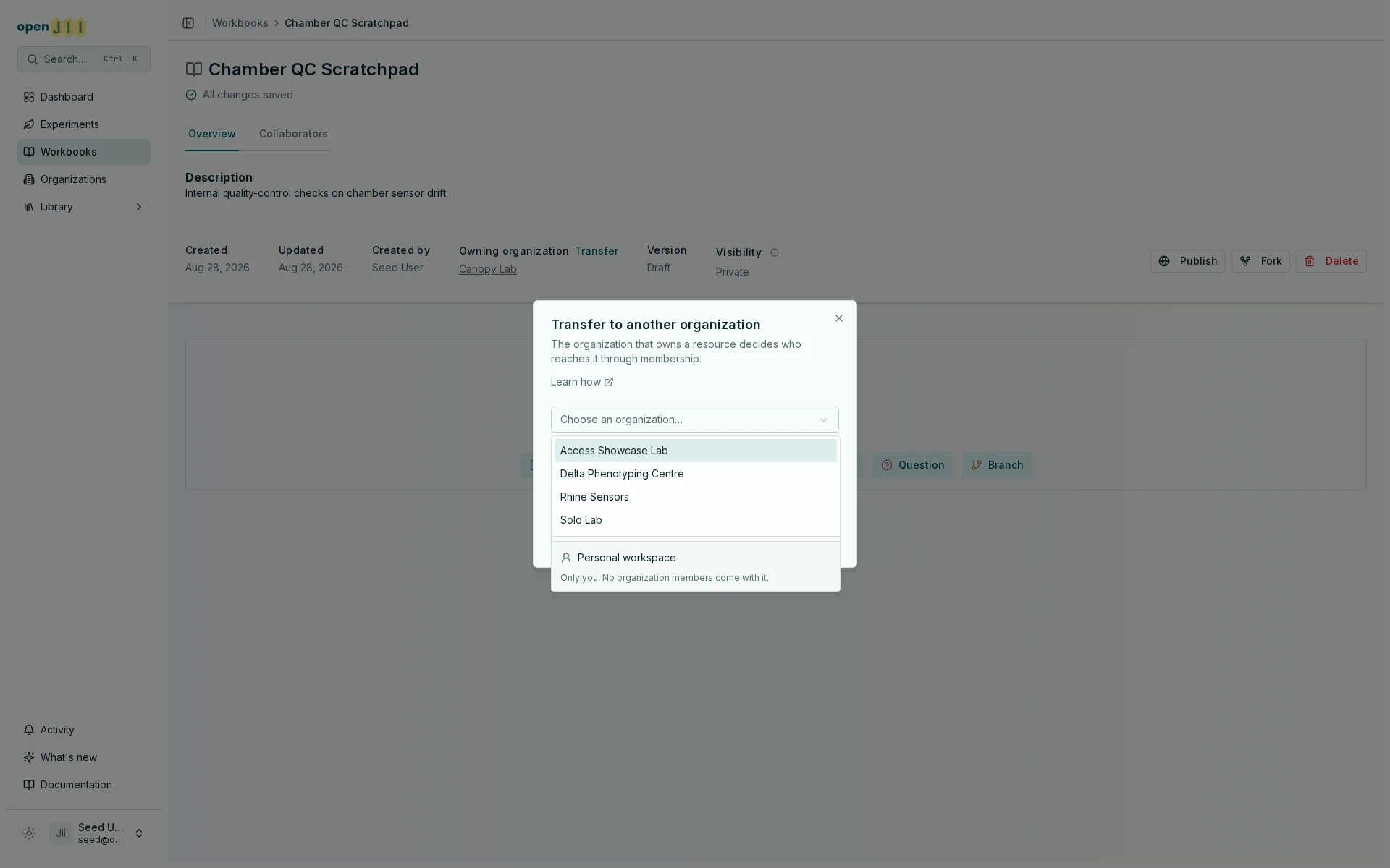 The Transfer dialog with its destination list open, showing another organization above a separately grouped Personal workspace option captioned Only you, no organization members come with it