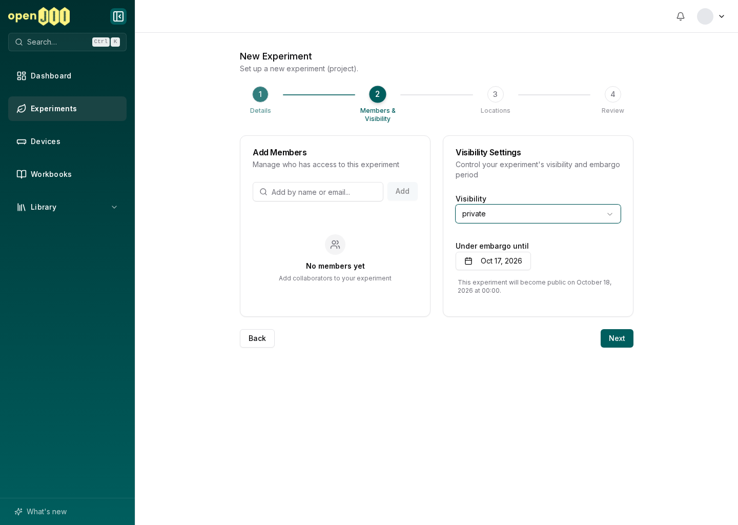 The Members and Visibility step with Private selected and an unsaved embargo date