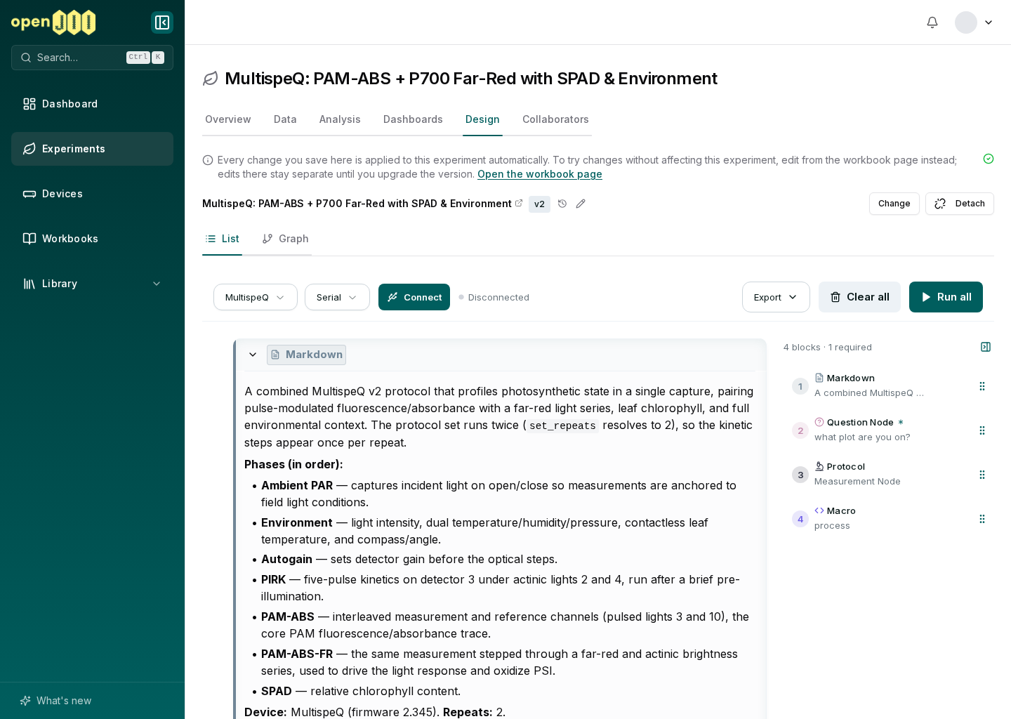 An experiment Design tab with its linked workbook, pinned version, and field-flow cells