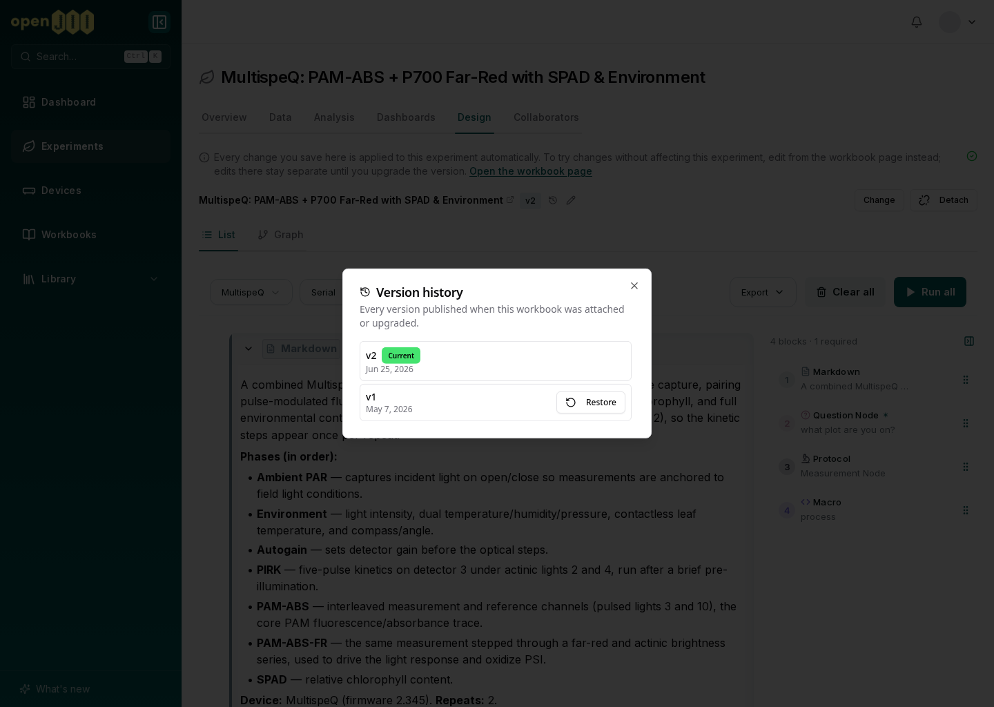 Workbook version history with the current and earlier published versions